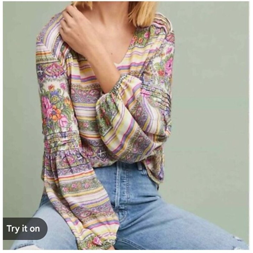 $98 Maeve by Anthropologie Multicolored Ceresco Floral Peasant Blouse XS